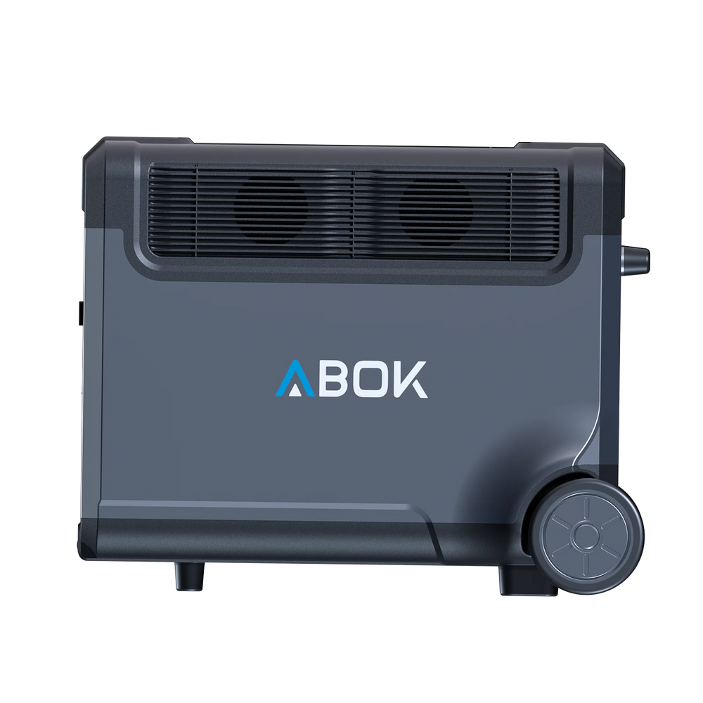 ABOK Ark3600 side view of the portable power station showing the ABOK logo, dual cooling vents and transport wheel