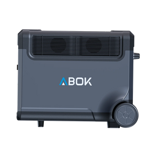 ABOK Ark3600 side view of the portable power station showing the ABOK logo, dual cooling vents and transport wheel