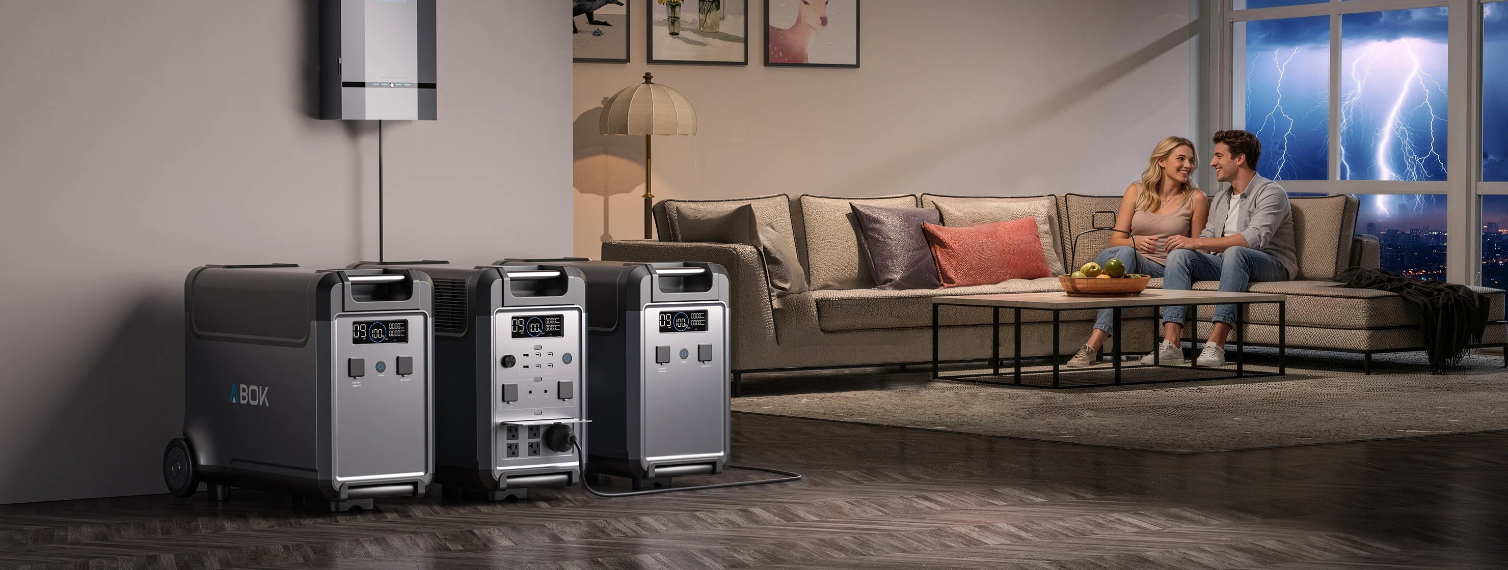 ABOK Ark3600 with two extra batteries providing home backup power in a living room during a lightning storm