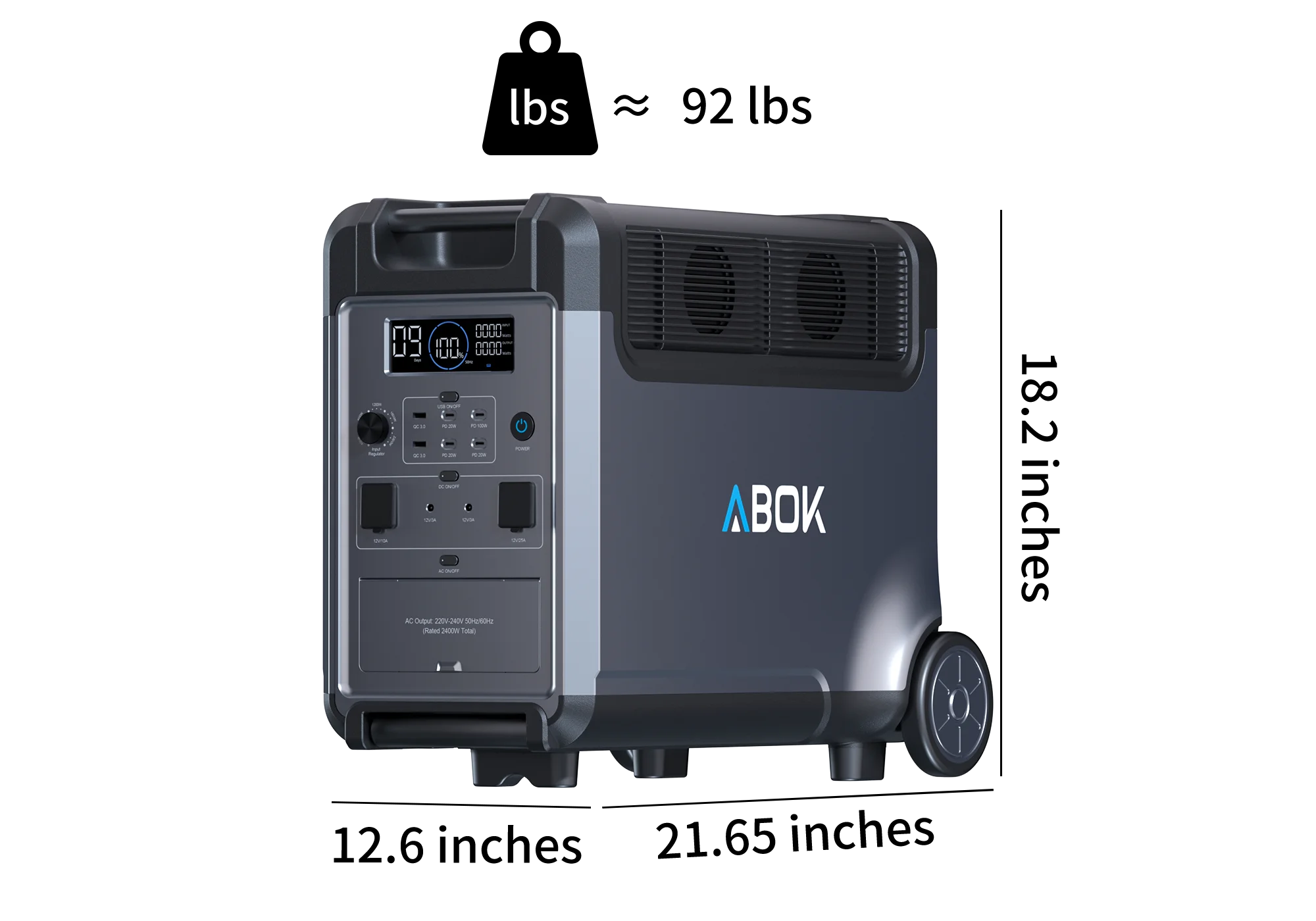 ABOK Ark3600 portable power station beside a pounds icon, showing its display, ports, cooling fans and wheel