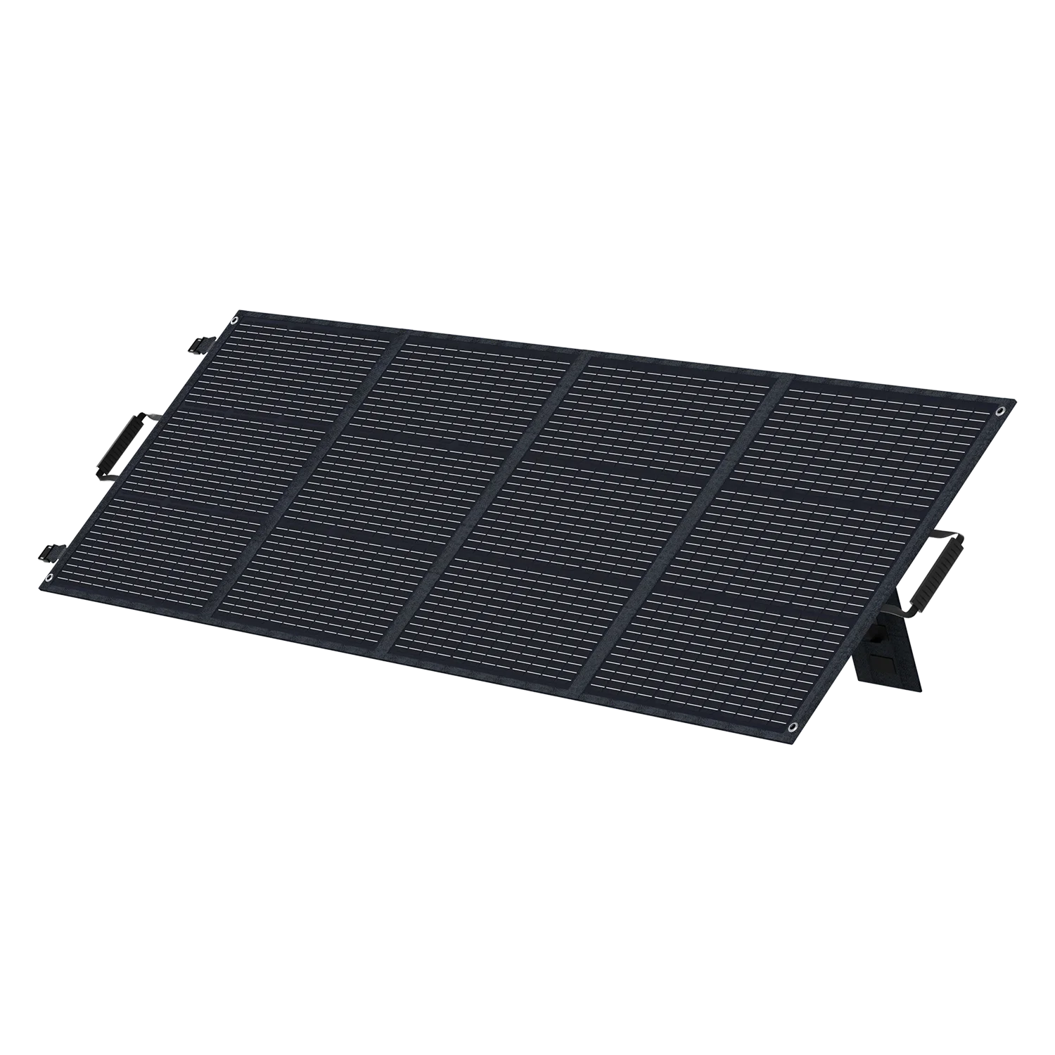 ABOK ASP200 foldable 200W solar panel in an angled view, unfolded on its integrated kickstands.