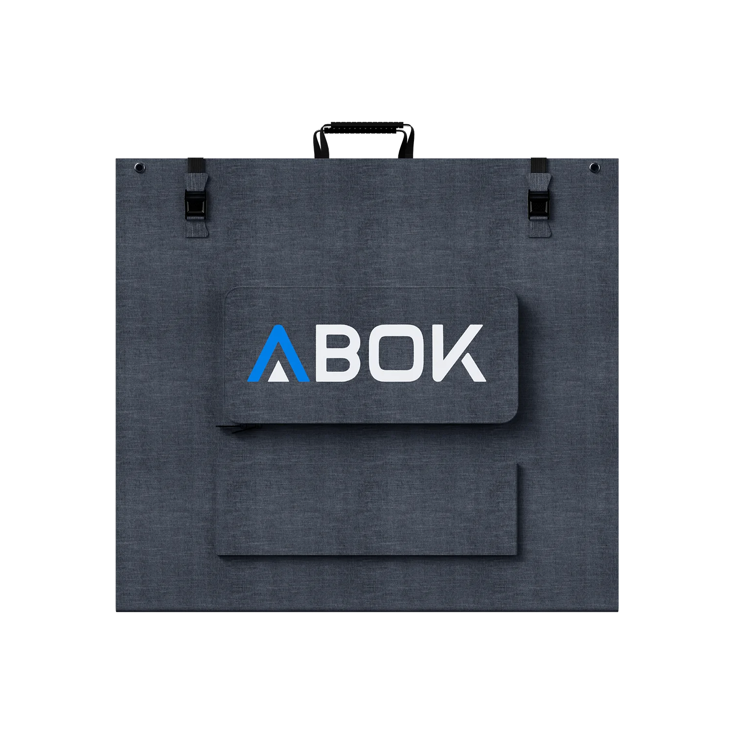 ABOK ASP200 foldable 200W solar panel shown closed from the rear with carry handle, buckles, and cable pouch.