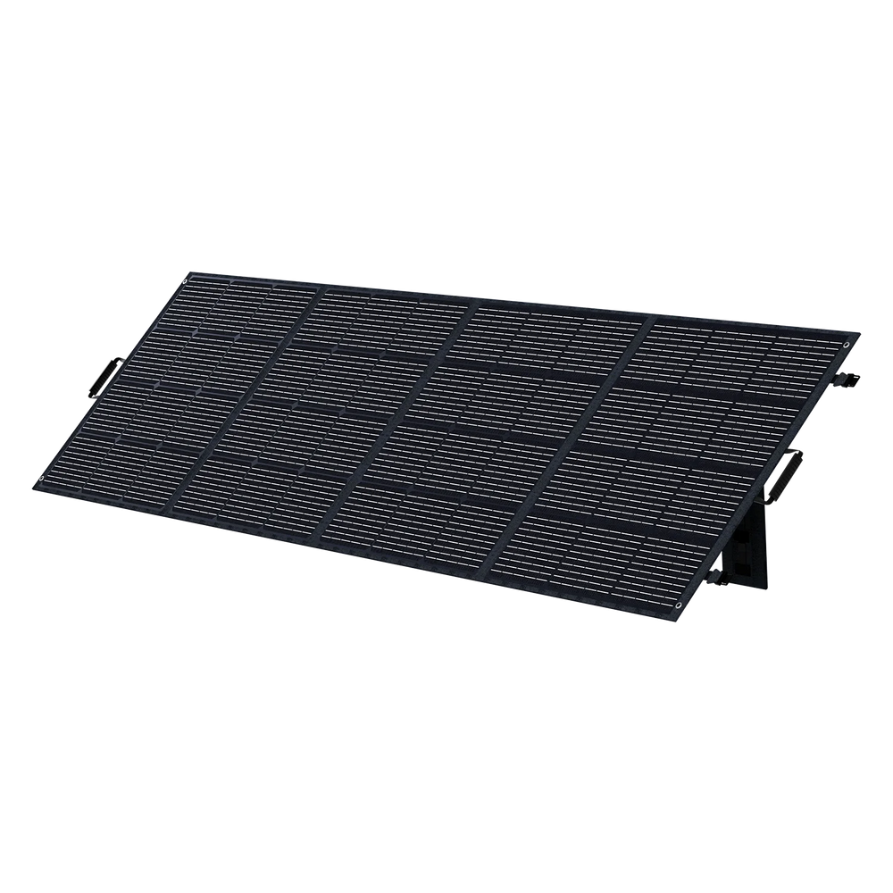ABOK ASP400 foldable 400W solar panel in an angled view, unfolded on its integrated kickstands.