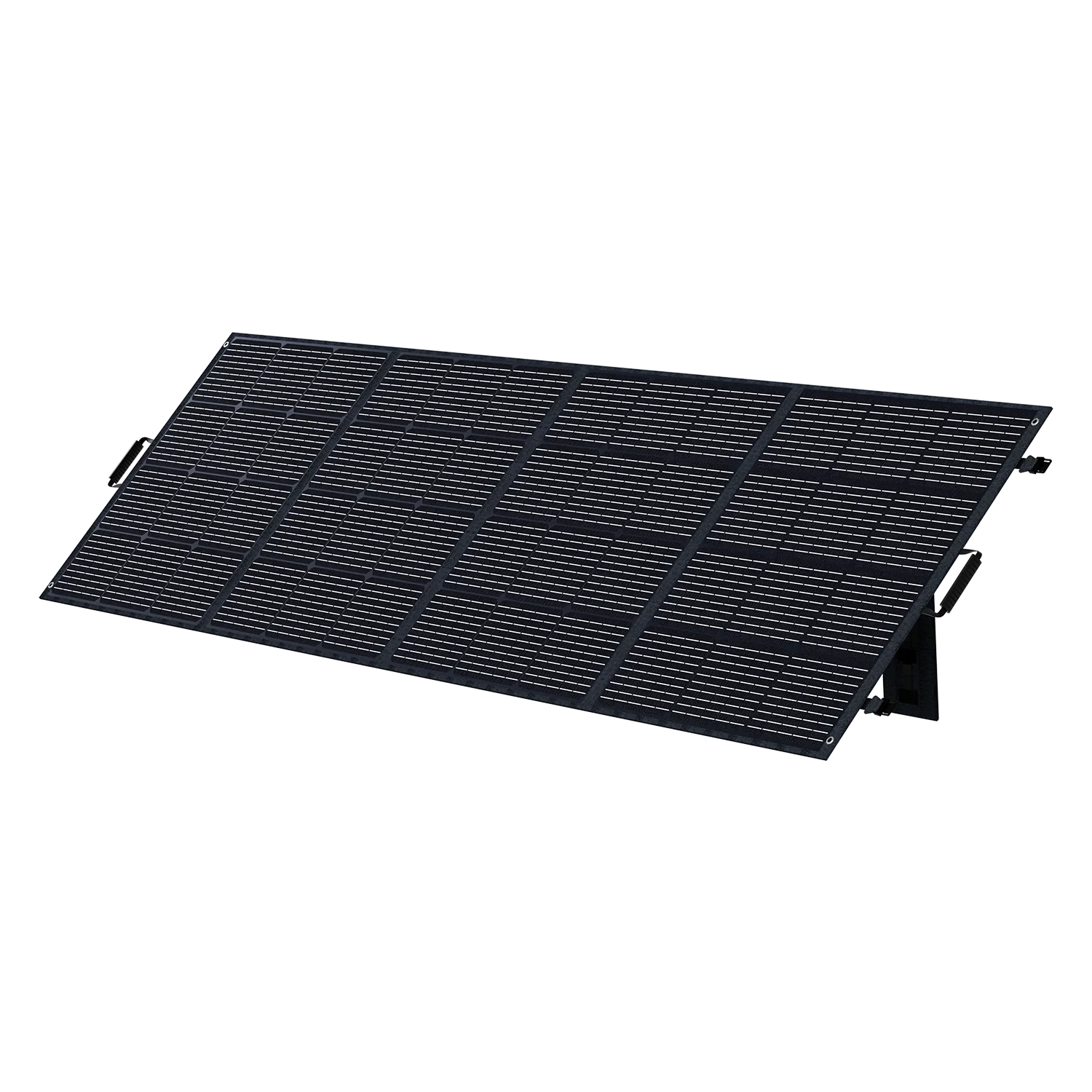 ABOK ASP400 foldable 400W solar panel in an angled view, unfolded on its integrated kickstands.