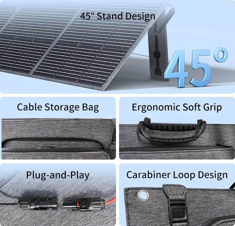 ABOK ASP400 mobile design details showing the 45-degree stand, cable storage, handles, MC4 connectors, and carabiner loop.