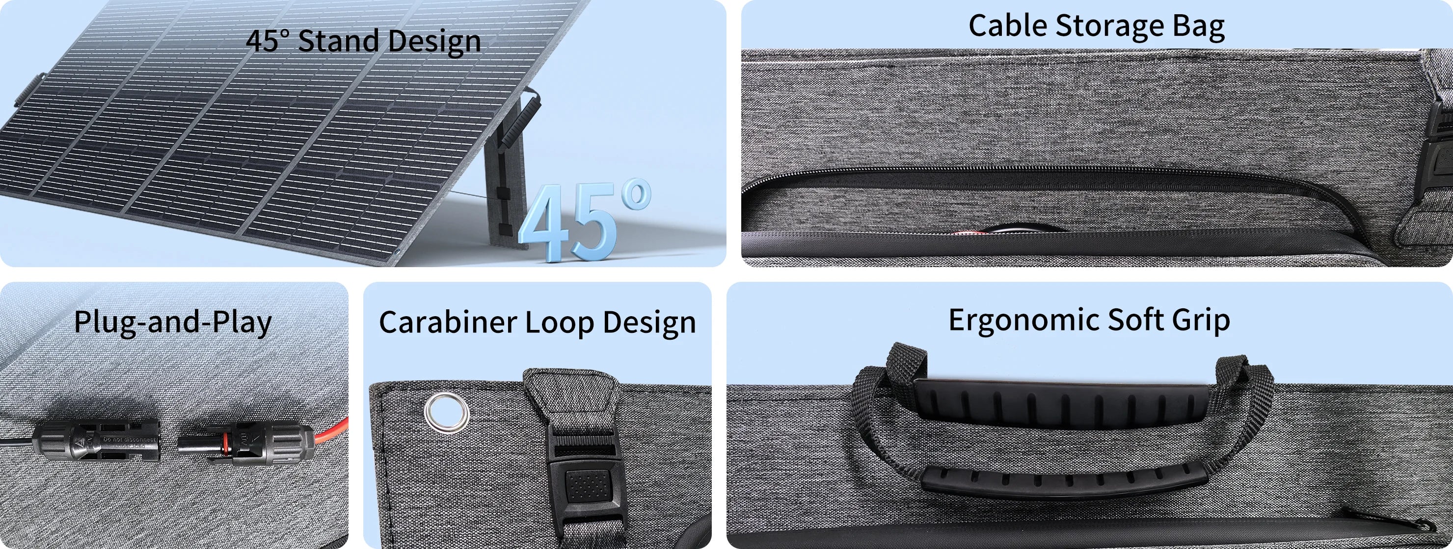 ABOK ASP400 wide design details showing the 45-degree stand, cable storage, soft handles, MC4 connectors, and carabiner loop.