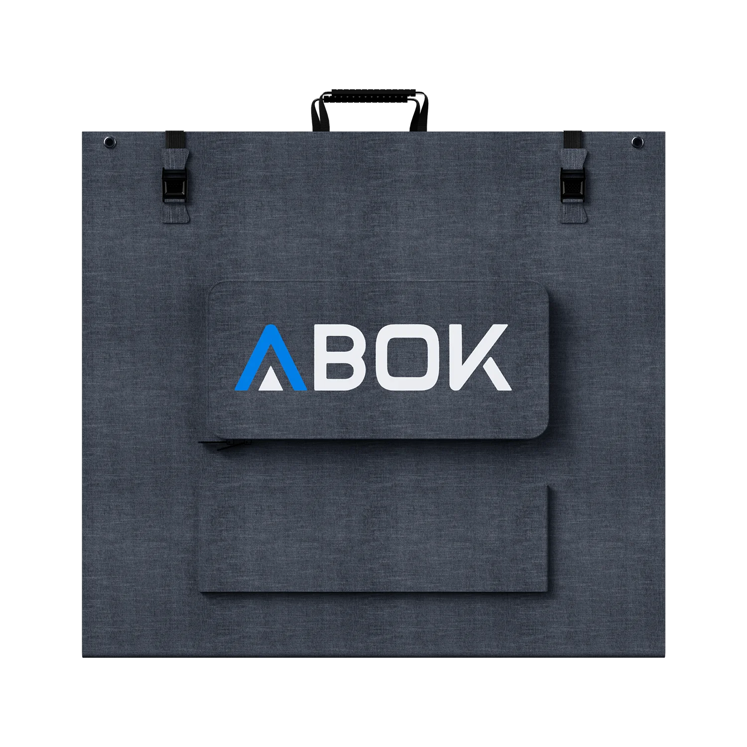 ABOK ASP400 foldable 400W solar panel shown closed from the rear with carry handle, buckles, and cable pouch.
