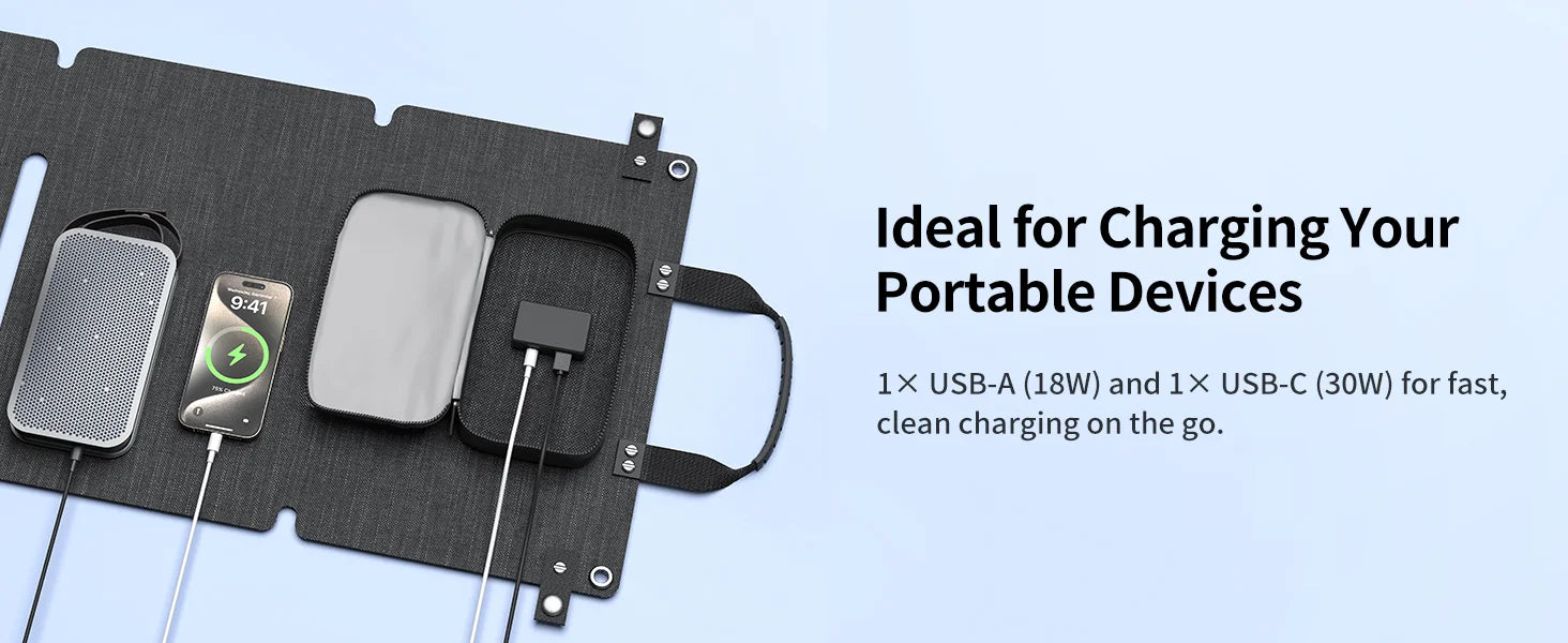 ABOK ASP45 45W portable solar panel wide graphic charging a phone and other devices by USB.