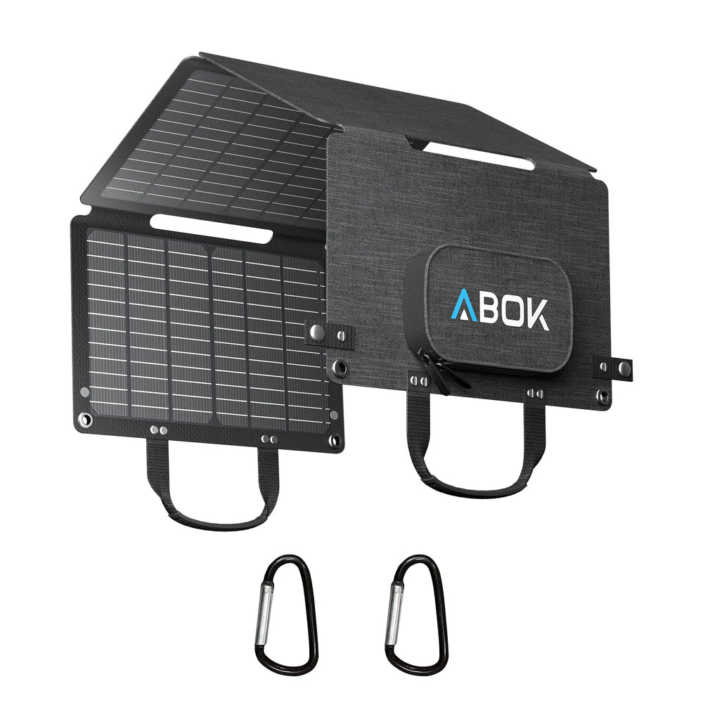 ABOK ASP45 45W portable solar panel shown half folded with storage pouch and two carabiners.