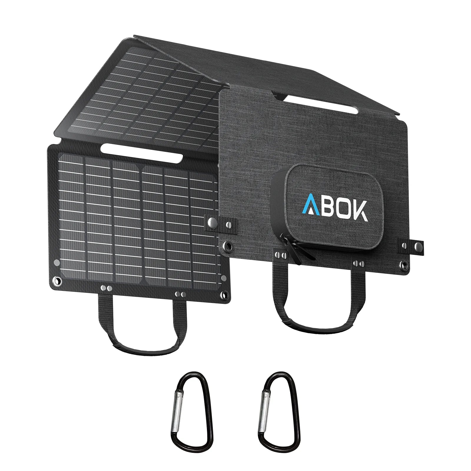 ABOK ASP45 45W portable solar panel shown half folded with storage pouch and two carabiners.