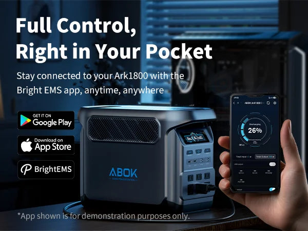 ABOK Elux 1 US-spec mobile graphic showing remote control and power monitoring through the ABOK app.