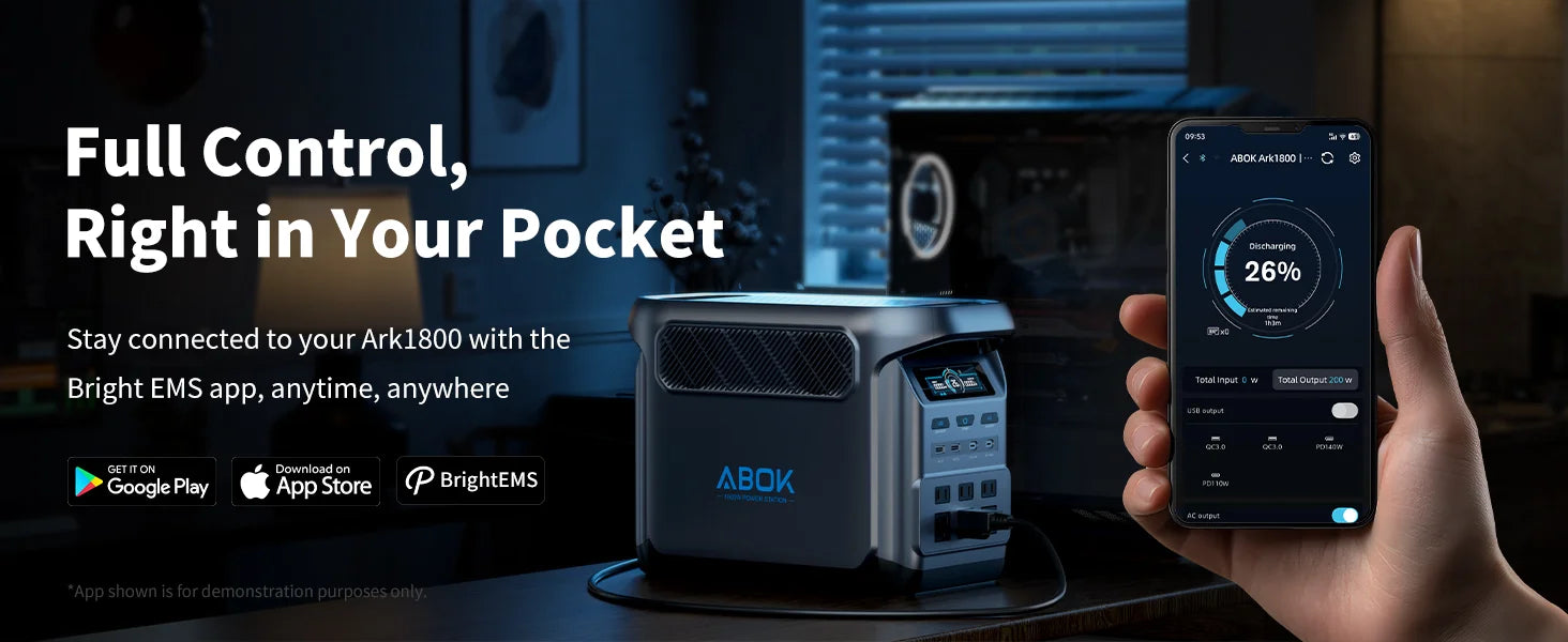 ABOK Elux 1 US-spec wide graphic showing remote control and power monitoring through the ABOK app.
