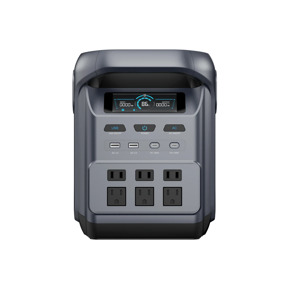 ABOK Elux 1 US-spec front view showing the display, USB ports and six AC outlets.