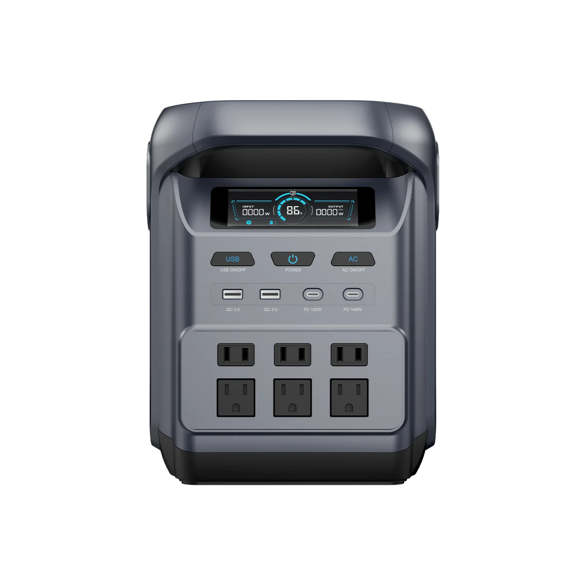 ABOK Elux 1 US-spec front view showing the display, USB ports and six AC outlets.