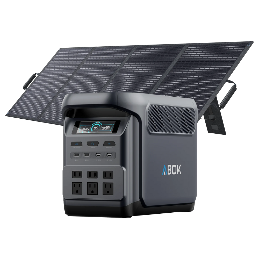 ABOK Elux 1 US-spec portable power station displayed with a 200W foldable solar panel.