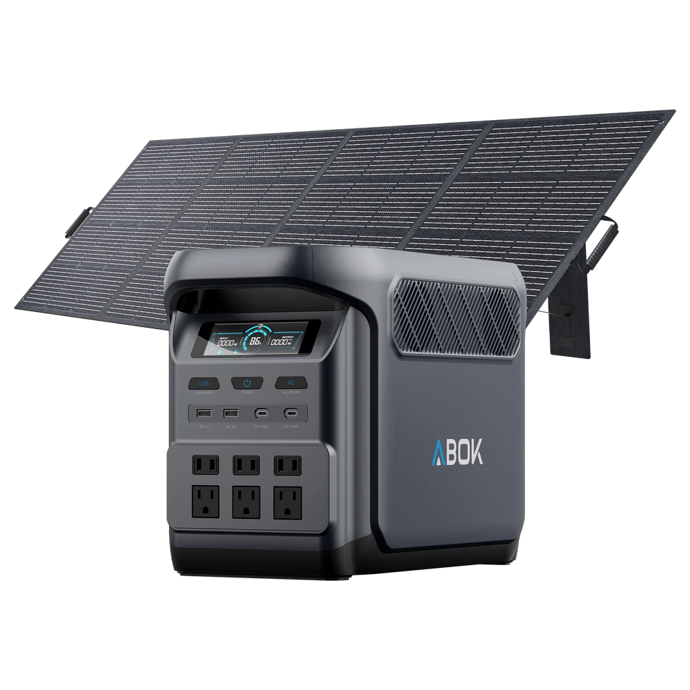 ABOK Elux 1 US-spec portable power station displayed with a 400W foldable solar panel.
