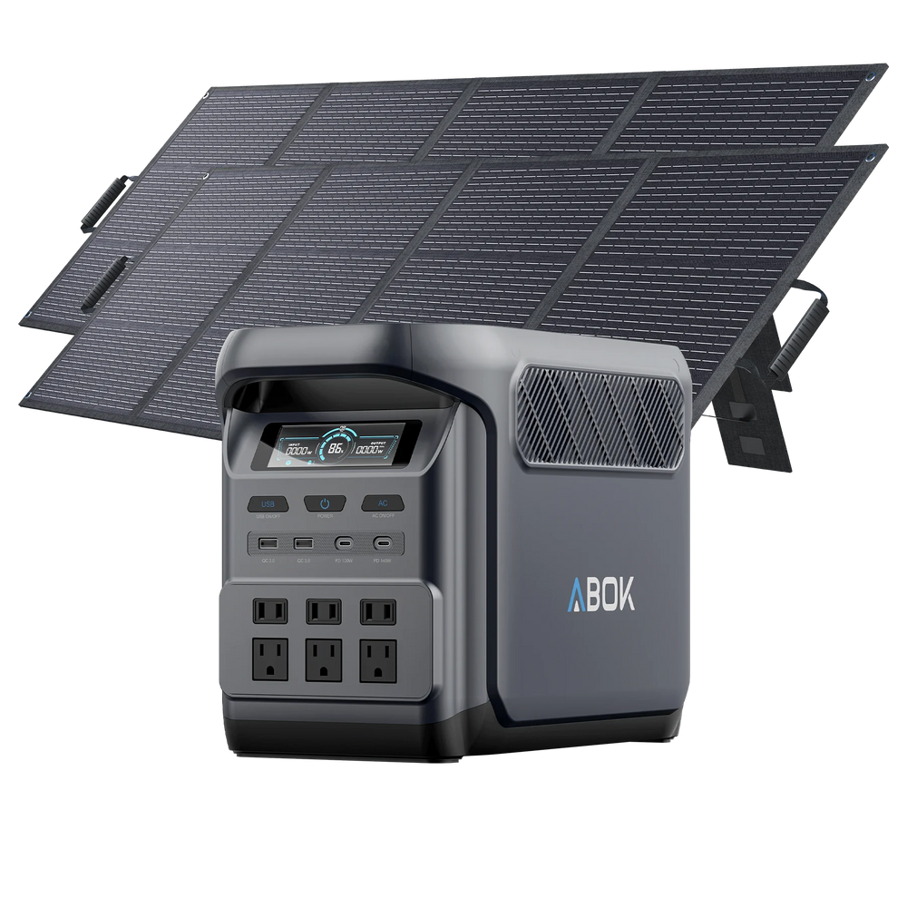 ABOK Elux 1 US-spec portable power station displayed with two 200W foldable solar panels.