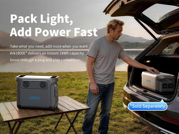 ABOK Elux 1 US-spec mobile outdoor scene with an X1 battery for portable capacity expansion.