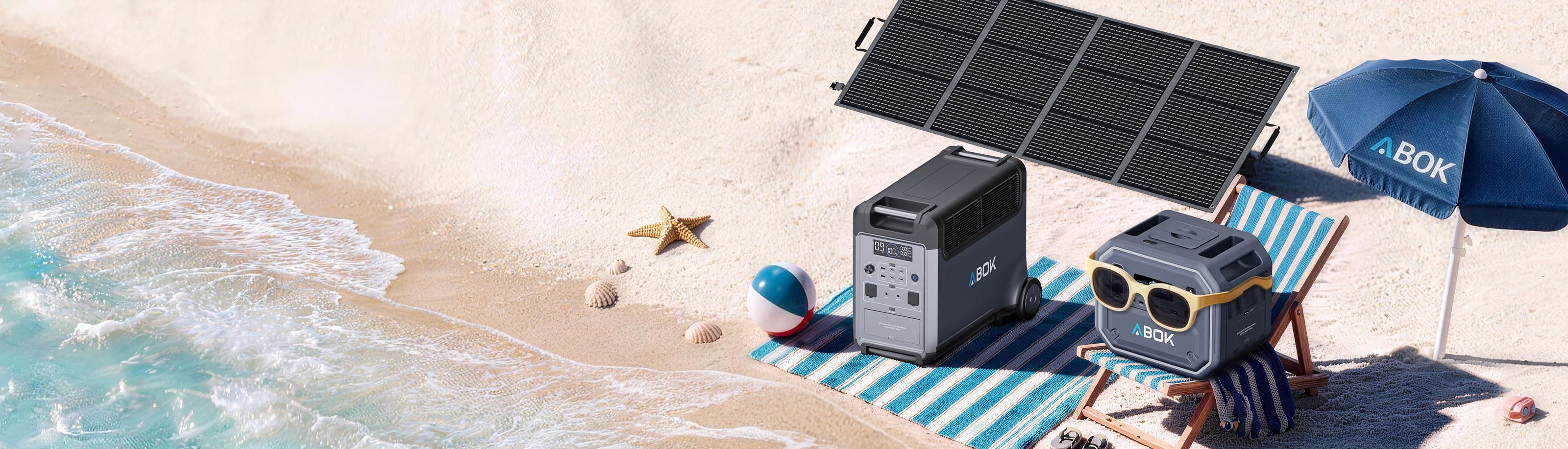 ABOK portable power stations and a foldable solar panel set up on a sunny beach.