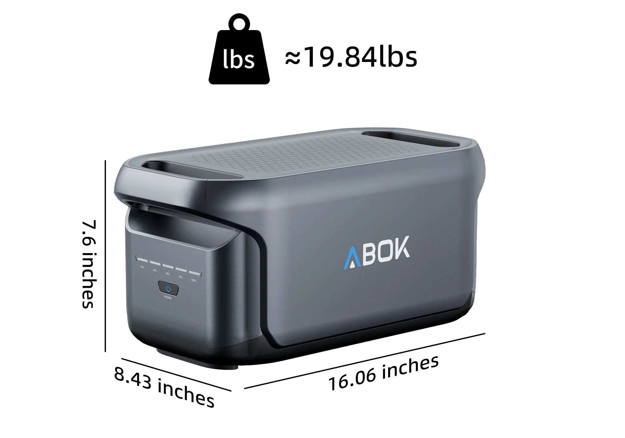 ABOK X1 battery EU-spec weight and dimensions graphic for the Elux 1 expansion battery.